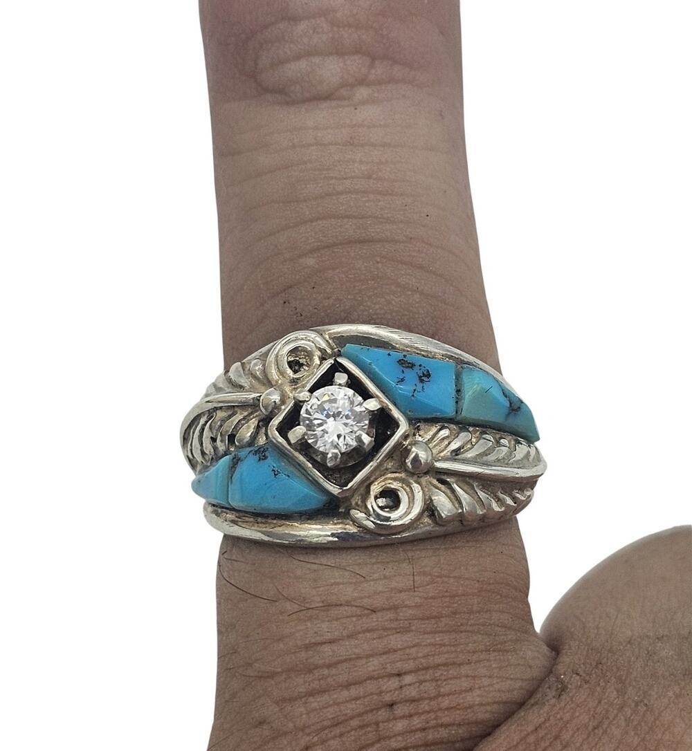 VTG Carolyn Pollack Relios Sterling Silver CZ Turquois Feather Ring Size 7